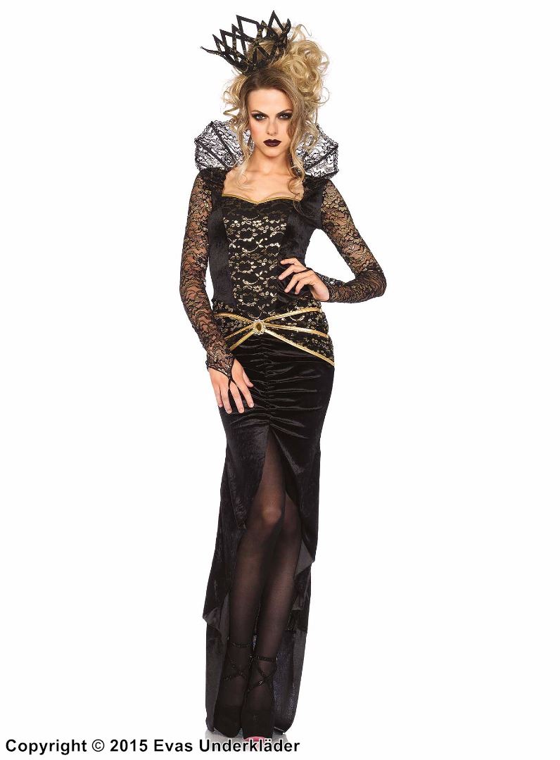 Evil queen, costume dress, lace, high slit, stay up collar